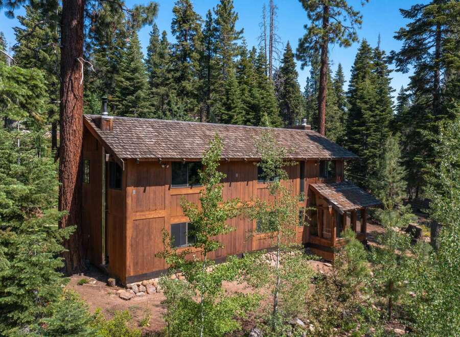 Nestled amidst towering trees, this stunning cabin offers a serene escape.