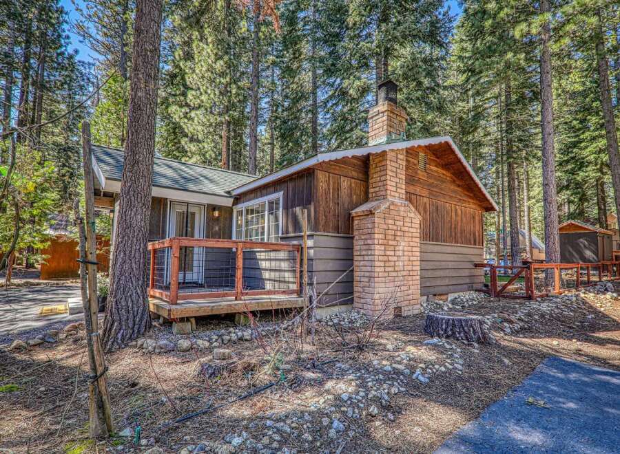 Nestled amidst towering trees, this charming cabin offers a serene escape.