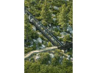 Experience breathtaking views from this unique property featuring a scenic mountain railway and a charming stone-lined pathway.