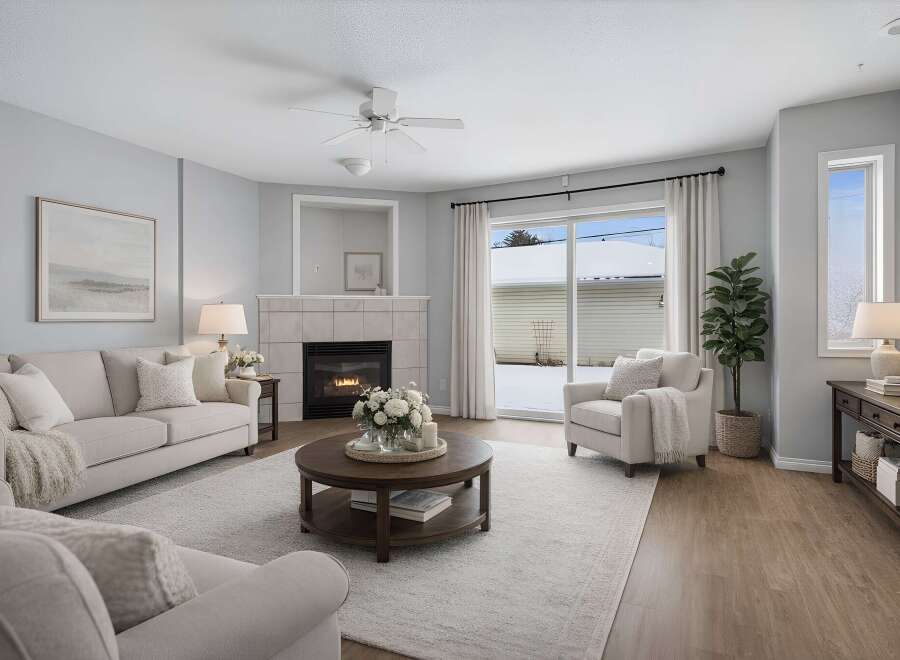 Step into this inviting living space, featuring a cozy fireplace and ample natural light.