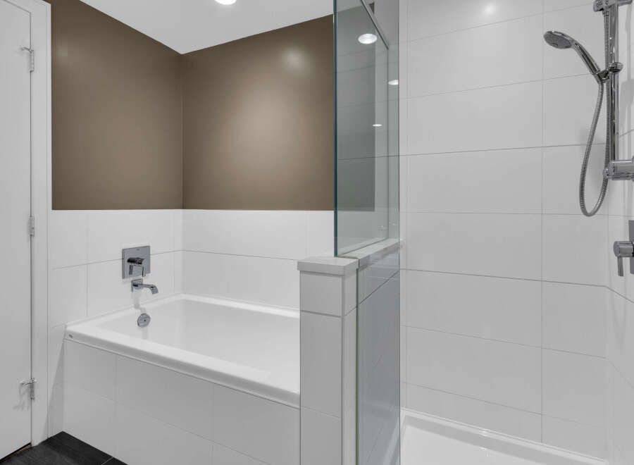 Step into a modern bathroom oasis.