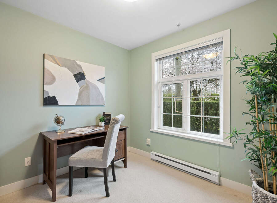 This inviting home office space offers a serene atmosphere, perfect for productivity.