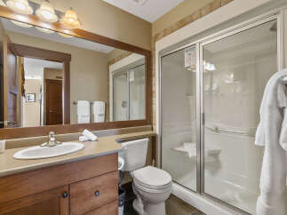 Step into a luxurious bathroom featuring a spacious walk-in shower and a sleek vanity.