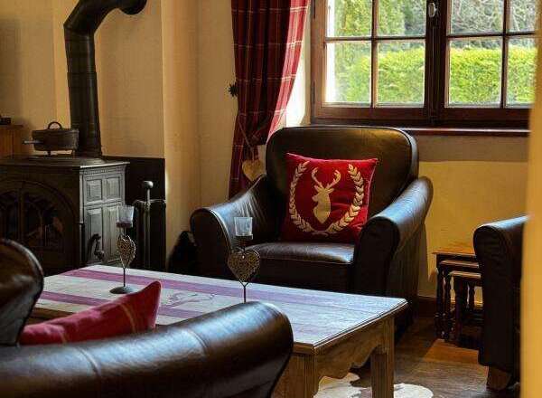 Step into a cozy living space with a rustic charm.