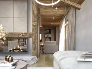 Experience the warmth and charm of this stunning property, featuring a cozy fireplace and rustic wooden accents.