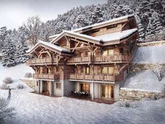 Experience the epitome of alpine luxury in this stunning chalet nestled amidst a snowy landscape.