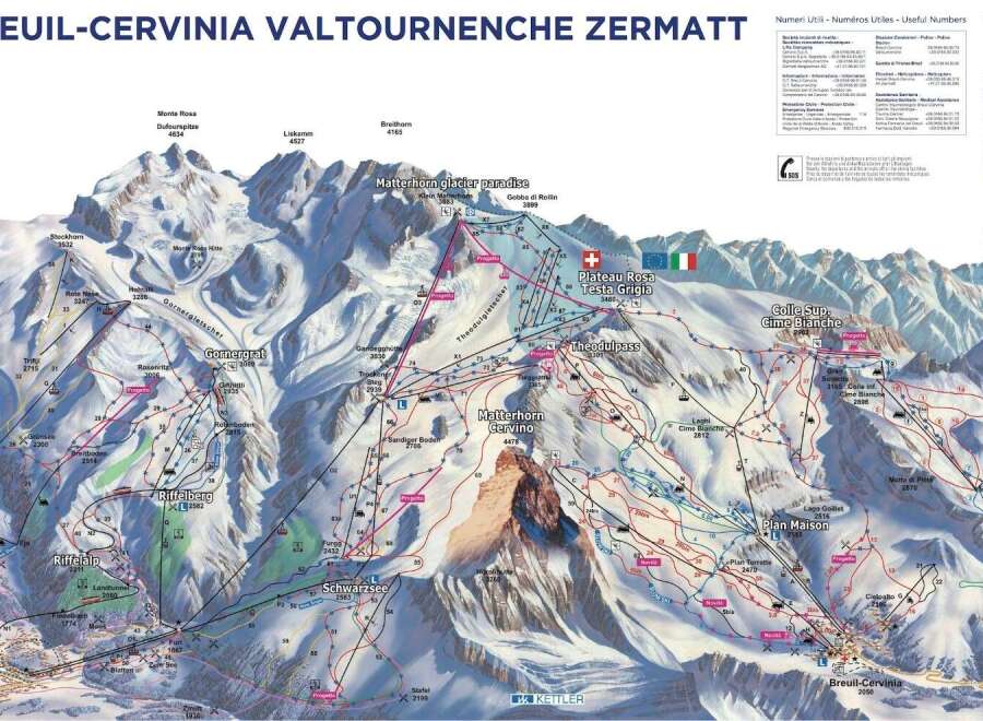 Explore the breathtaking ski slopes of Zermatt, Cervinia, and Valtournenche with this detailed ski map.