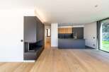 This modern living space features a sleek, dark gray fireplace and a contemporary kitchen with wooden cabinets.
