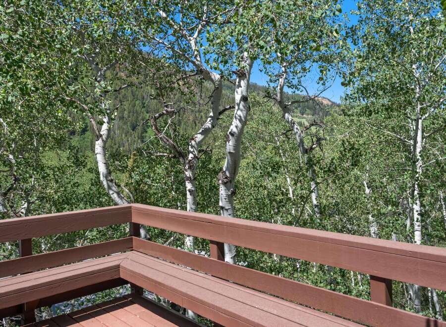 Enjoy the serene mountain views from this charming deck, perfect for relaxing amidst nature.
