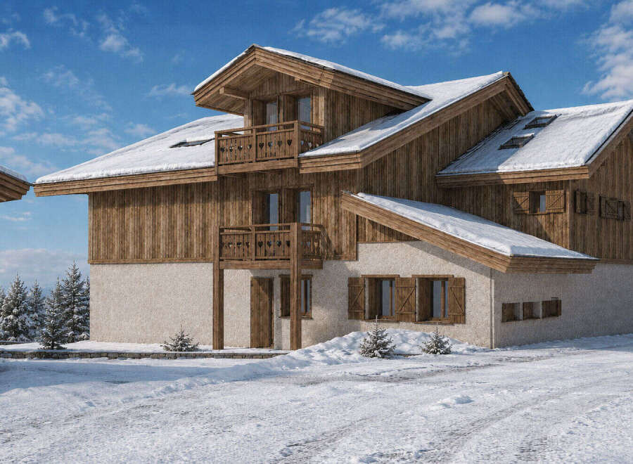 Experience the charm of this stunning wooden chalet nestled in a serene winter landscape.