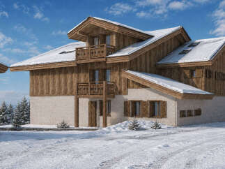 Experience the charm of this stunning wooden chalet nestled in a serene winter landscape.
