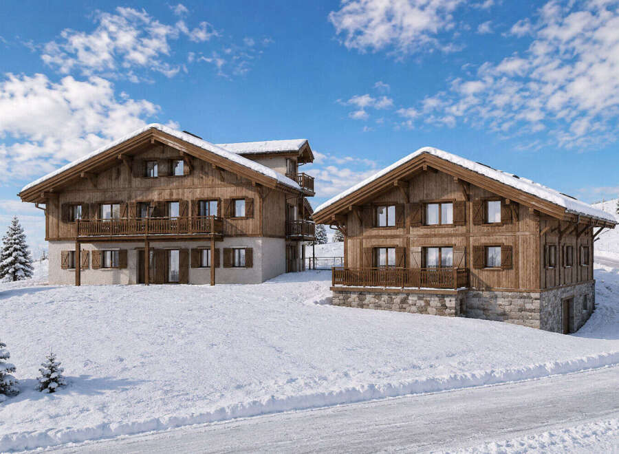 Experience luxurious alpine living in these stunning wooden chalets, nestled amidst a picturesque snowy landscape.