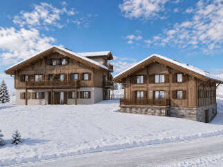 Experience luxurious alpine living in these stunning wooden chalets, nestled amidst a picturesque snowy landscape.