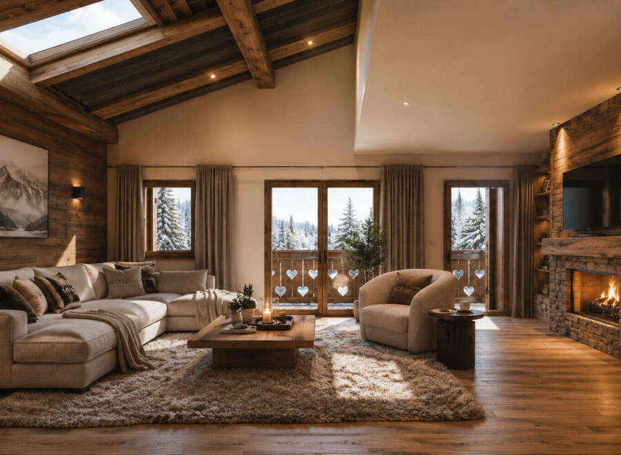 Experience cozy mountain living in this stunning chalet living room, featuring a large sectional sofa, a rustic stone fireplace, and expansive windows showcasing a winter wonderland.