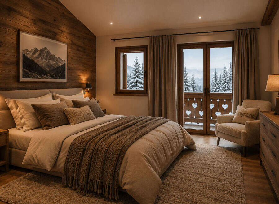 Experience cozy mountain living in this charming bedroom, featuring a plush king-size bed adorned with textured throws and accent pillows.