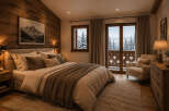 Experience cozy mountain living in this charming bedroom, featuring a plush king-size bed adorned with textured throws and accent pillows.