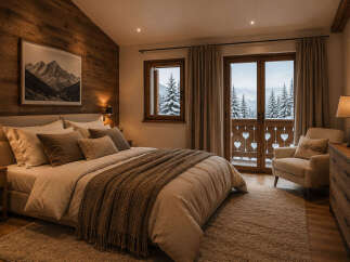 Experience cozy mountain living in this charming bedroom, featuring a plush king-size bed adorned with textured throws and accent pillows.