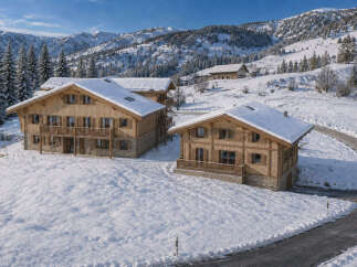 Experience luxurious mountain living in this stunning chalet nestled in a snowy alpine landscape.