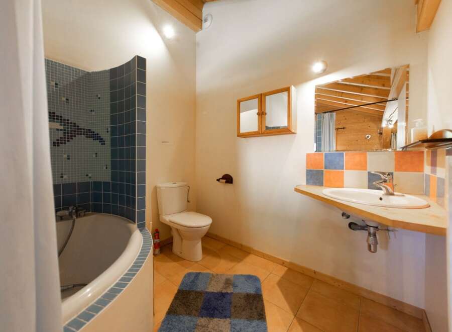 This charming bathroom features a unique design with a combination of blue and orange tiles, creating a vibrant and inviting atmosphere.