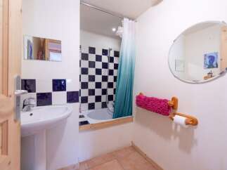 Discover this charming bathroom featuring a unique black and white checkered tile design, creating a stylish and modern aesthetic.