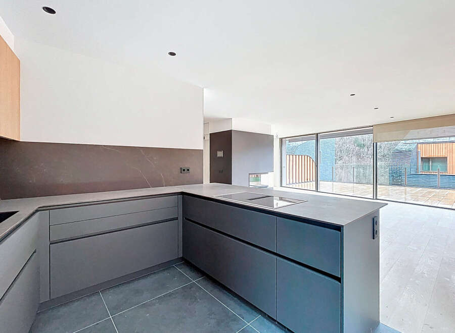 This modern kitchen boasts sleek, gray cabinetry and a stylish countertop, perfect for culinary enthusiasts.