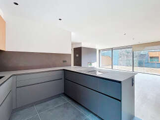 This modern kitchen boasts sleek, gray cabinetry and a stylish countertop, perfect for culinary enthusiasts.