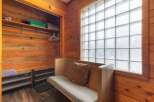 Step into this cozy space featuring a unique blend of rustic charm and modern comfort.