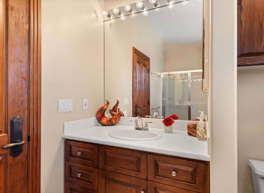 This stunning bathroom boasts a beautiful vanity with rich, dark wood cabinetry, offering ample storage and a touch of elegance.
