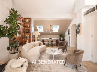 This spacious living and dining area features a unique curved boucle sofa, a marble coffee table, and a large dining table perfect for entertaining.