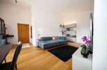 This modern living space boasts a sleek design with a comfortable sofa and a stylish black rug.