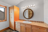 This stunning bathroom boasts a warm and inviting ambiance, perfect for relaxation.