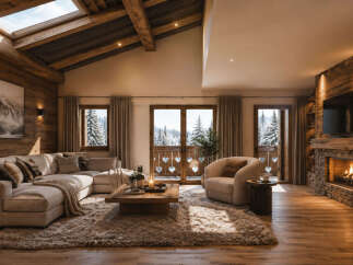 Experience ultimate alpine luxury in this stunning mountain retreat living room.