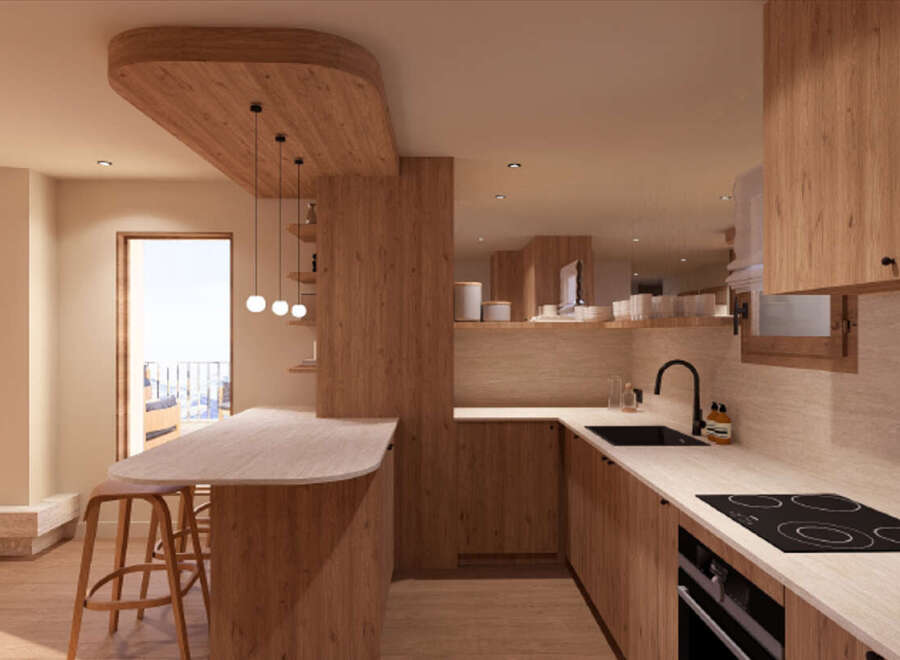 This stunning kitchen boasts a modern design with sleek wooden cabinetry and countertops.