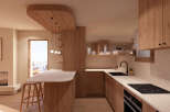 This stunning kitchen boasts a modern design with sleek wooden cabinetry and countertops.