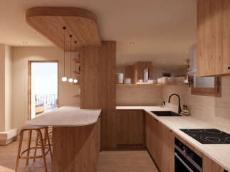 This stunning kitchen boasts a modern design with sleek wooden cabinetry and countertops.