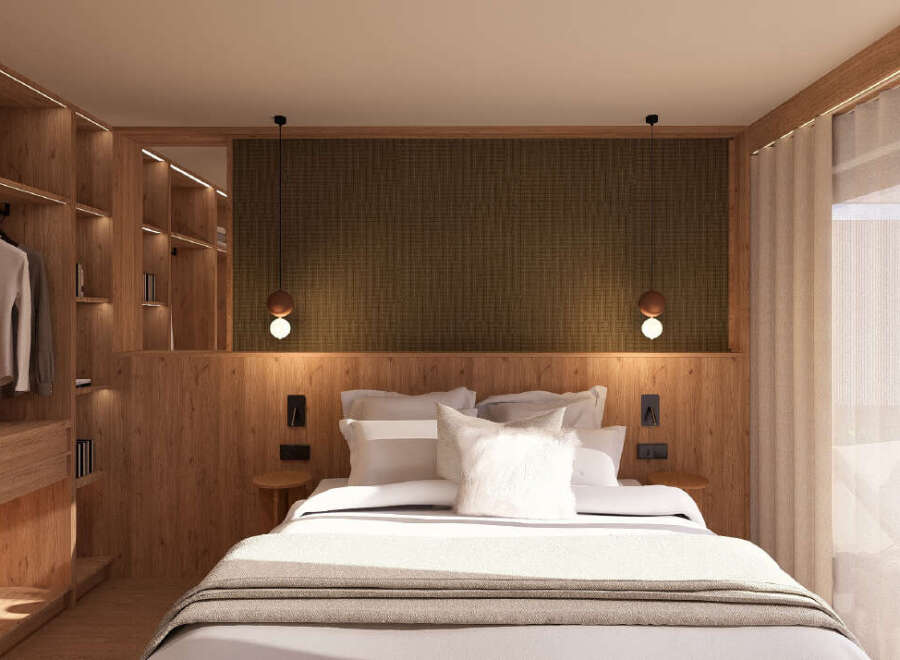 Experience luxury in this stunning bedroom featuring a custom-built wooden closet and a cozy bed.