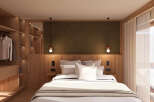 Experience luxury in this stunning bedroom featuring a custom-built wooden closet and a cozy bed.