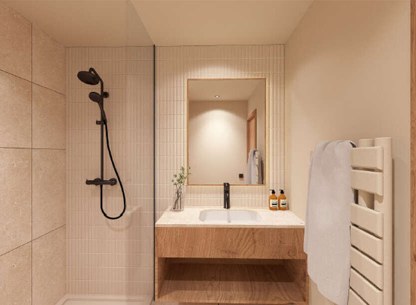 Step into a beautifully designed bathroom featuring modern fixtures and a warm, inviting aesthetic.