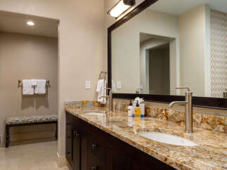 This luxurious bathroom boasts a stunning granite countertop and dark wood cabinetry, creating a sophisticated and inviting space.