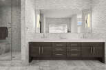 Step into luxury with this stunning bathroom featuring a sleek, modern design.