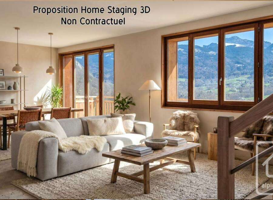Experience the epitome of mountain living in this stunning property, featuring a beautifully designed interior with a cozy living area and a dining space.