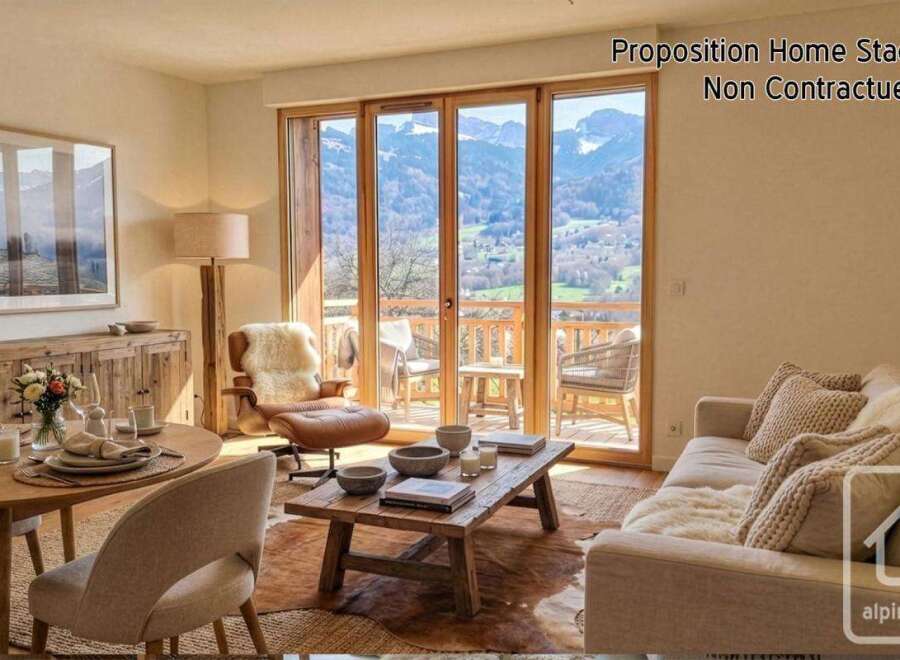 Experience the epitome of alpine living in this stunning property, showcasing breathtaking mountain views through expansive windows.