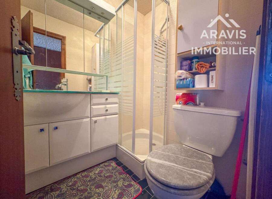 Discover this well-maintained bathroom featuring a modern shower enclosure and a sleek vanity.