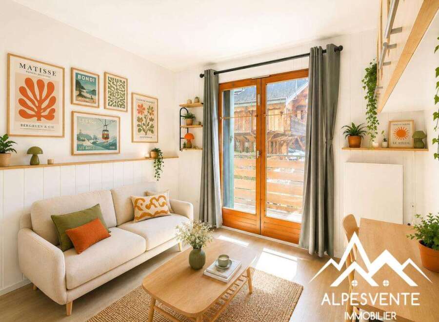 This charming living room features a cozy beige sofa adorned with decorative pillows, complemented by a light wood coffee table and a textured rug.