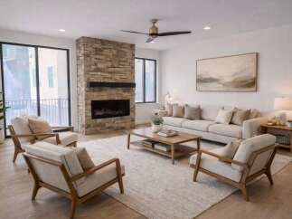 Experience luxury living in this stunning property featuring a cozy fireplace, perfect for those chilly evenings.