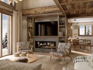 Experience luxury living in this stunning property featuring a cozy fireplace and a modern entertainment center.
