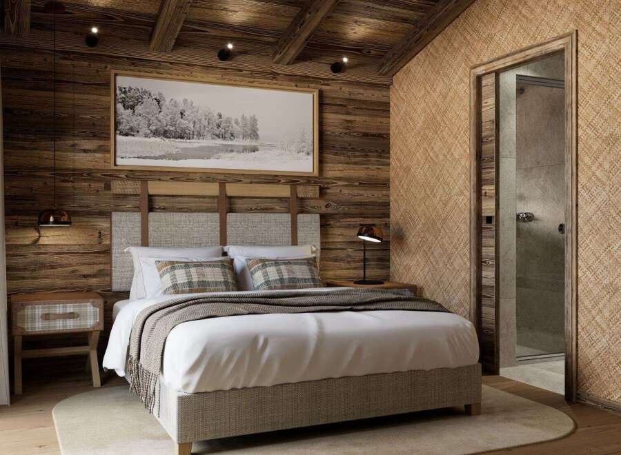 Experience the epitome of rustic elegance in this stunning bedroom.