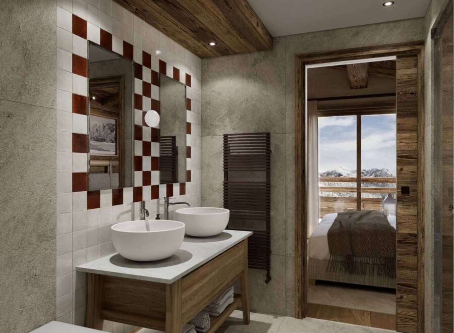 Experience luxury living in this stunning property, featuring a beautifully designed bathroom with a unique checkered tile mirror frame.