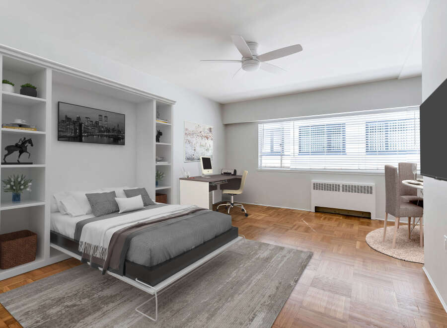 This stylish apartment features a modern bedroom with a comfortable bed and a built-in shelving unit.