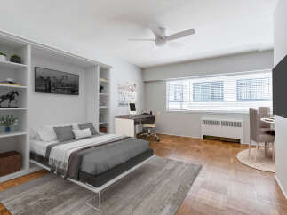 This stylish apartment features a modern bedroom with a comfortable bed and a built-in shelving unit.